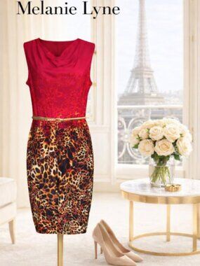 Melanie Lyne Red Ombre Leopard Animal Print Cowl Neck Belted Sheath Dress NWT